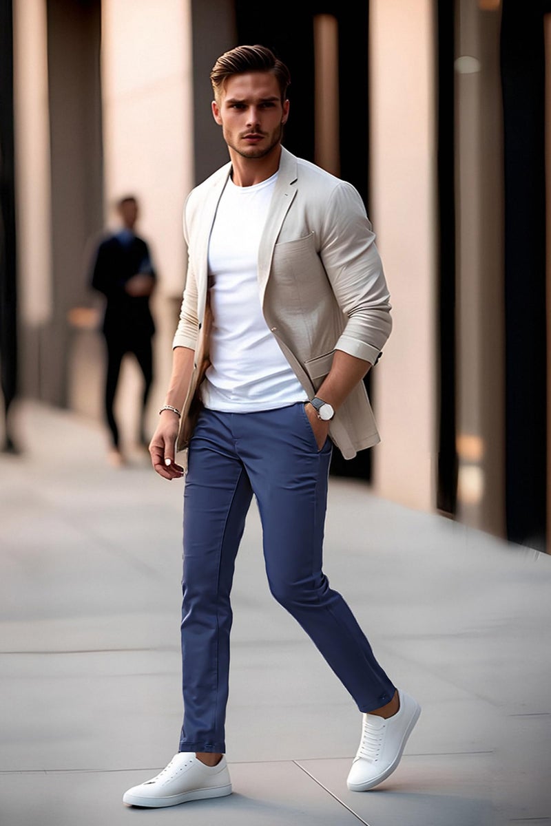 Plaid&Plain Men's Skinny Stretchy Navy Blue Pants Colored Pants Slim Fit Slacks Tapered Trousers 819 Navy Blue 34X32 - Image 2